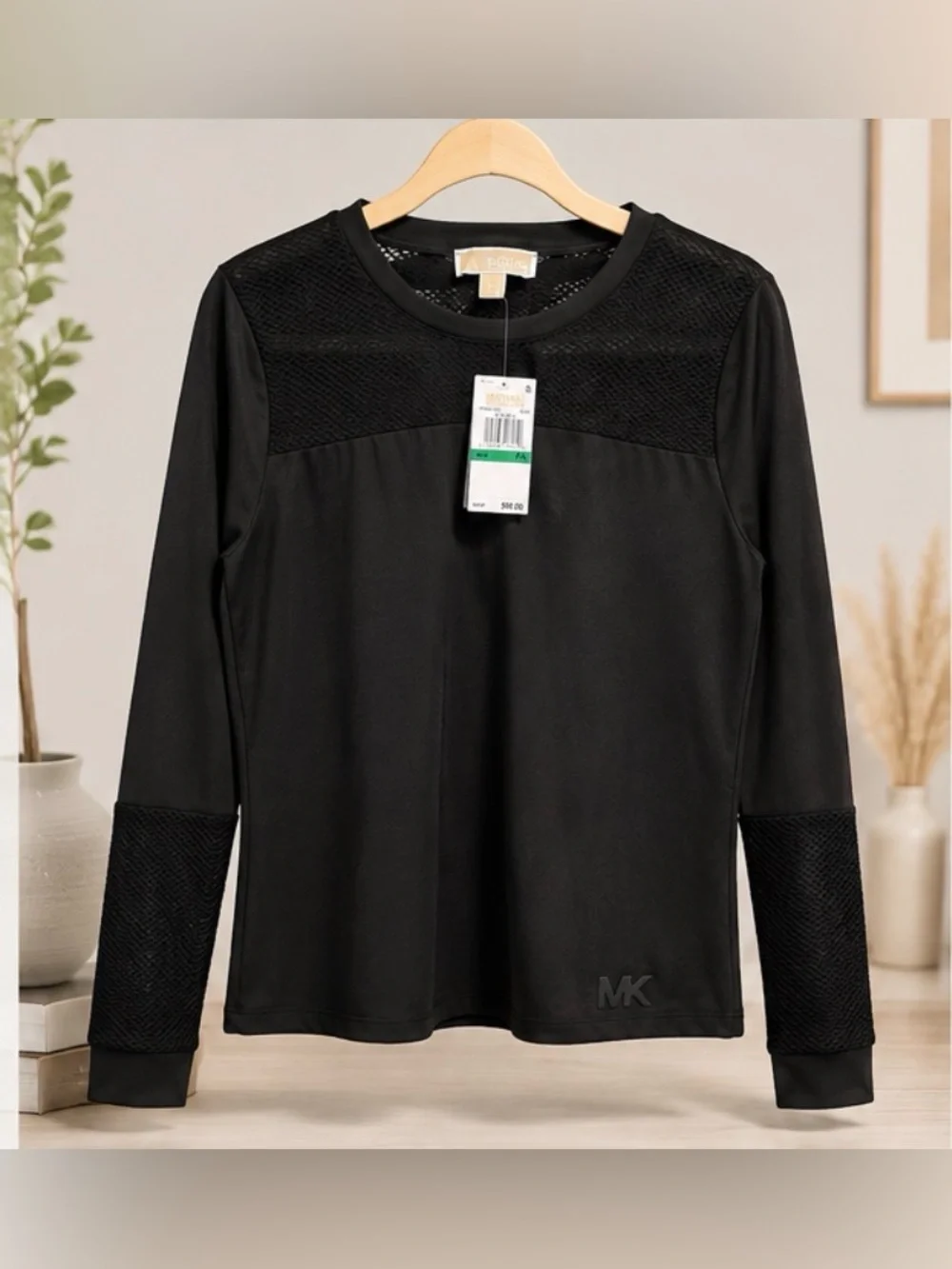 Michael Kors Black Long Sleeve Top with Mesh Insets